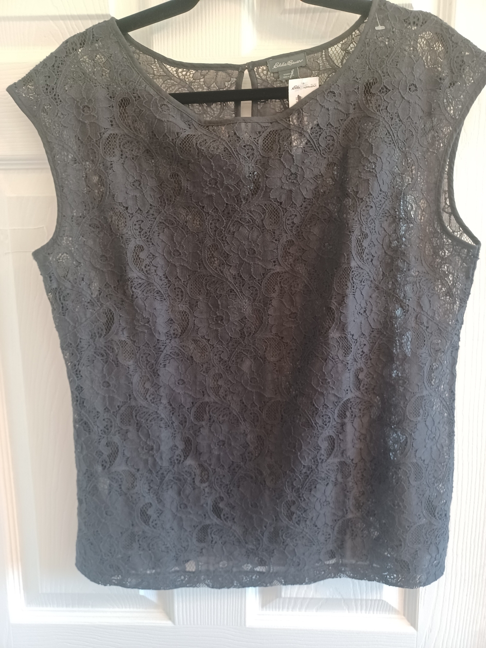 Eddie Bauer Charcoal Floral Lace Cap-Sleeve Camisole Blouse Sheer Romantic NWT